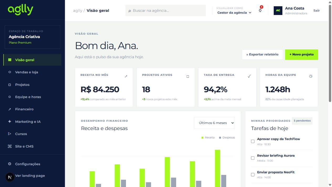 Tela real da visão geral do dashboard da aglly