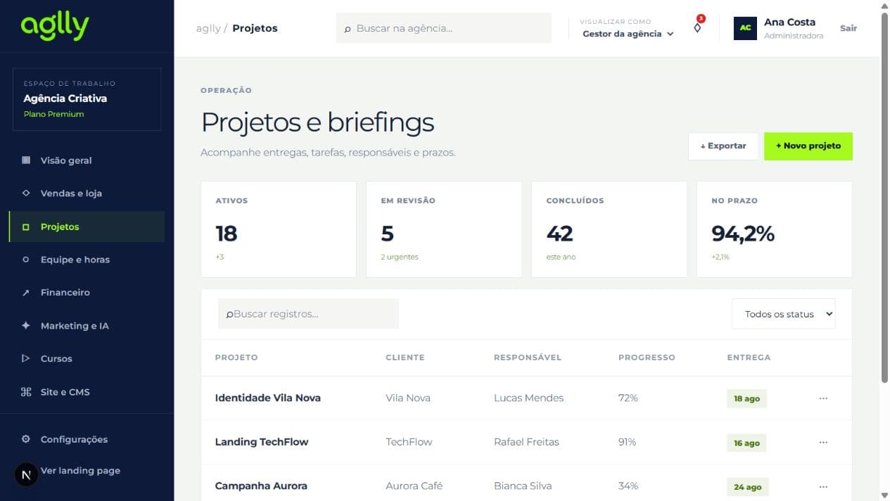 Tela real do painel de projetos e briefings da aglly